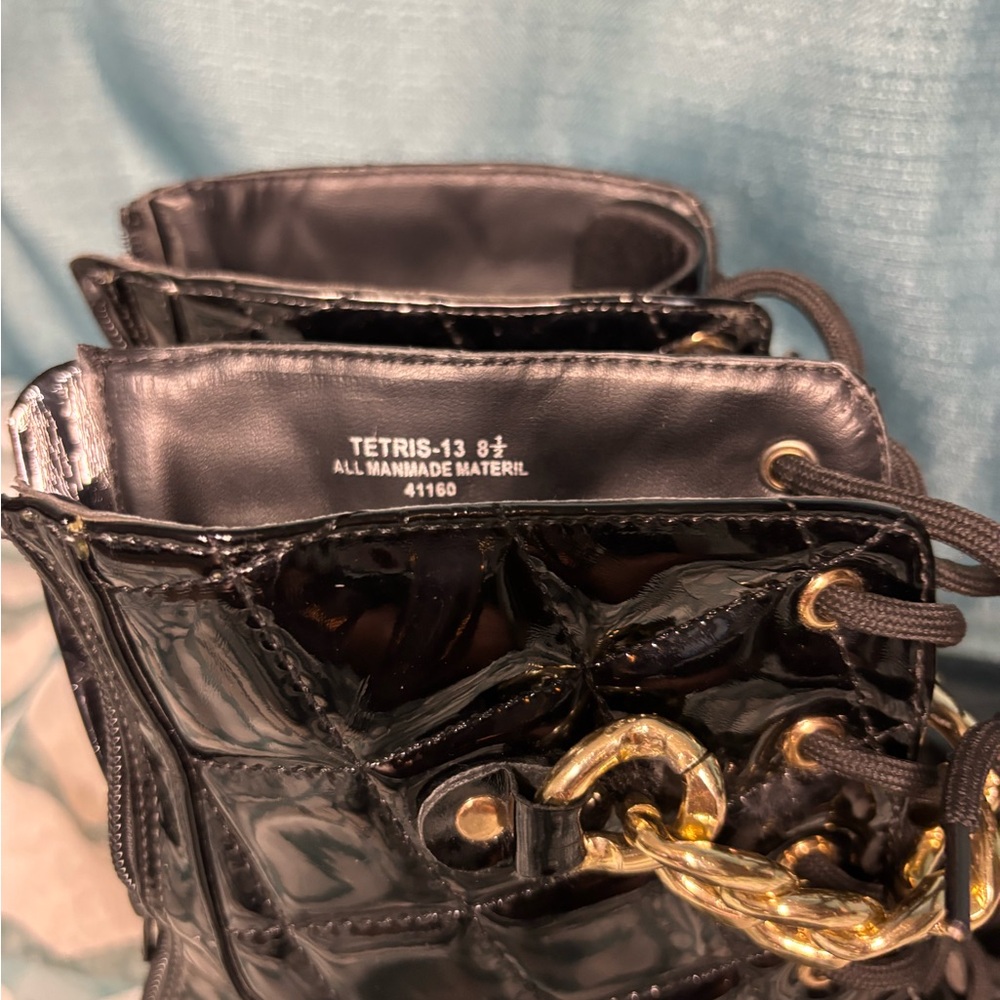Glossy Black Quilted Combat Boots with Gold Chain - Picture 3 of 6